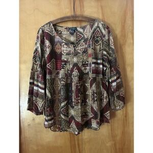 LRL Lauren Jean Co-Ralph Lauren-Women Sz M Southwest Aztec Blouse‎
